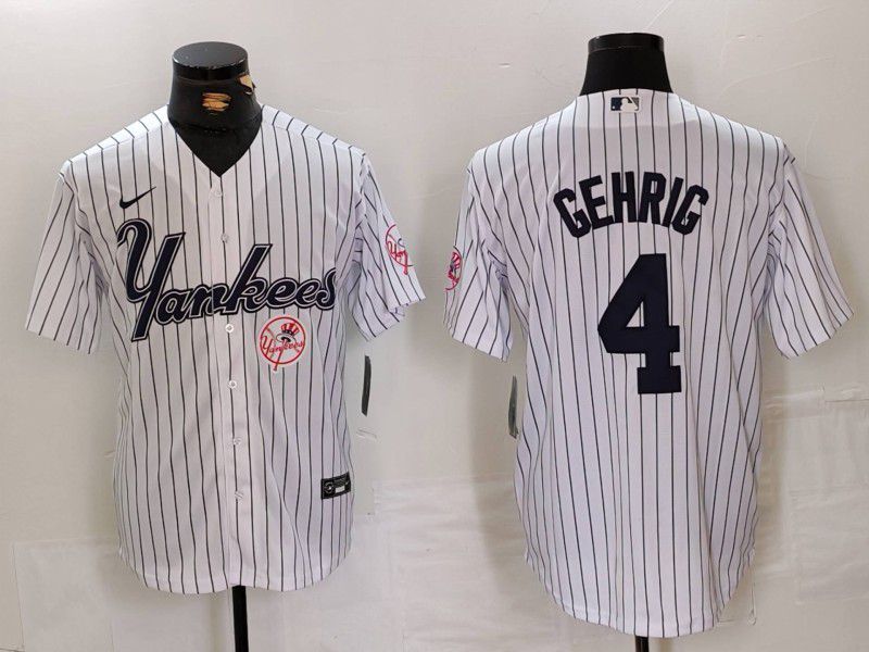 Men New York Yankees #4 Gehrig White stripe Three generations of joint names Nike 2024 MLB Jersey style 3